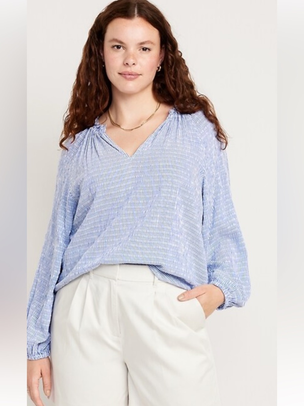 Old Navy Split-Neck Seersucker Long Sleeve Blue Striped Top, size xl